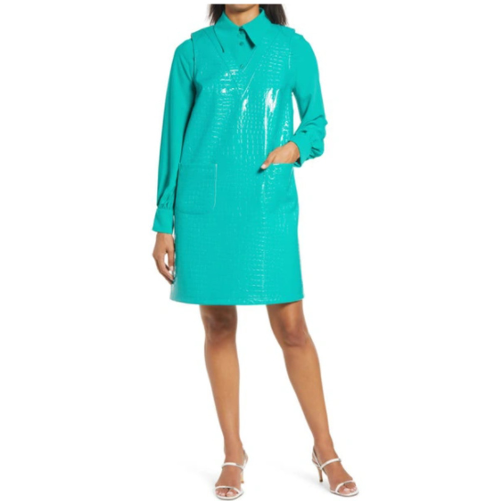 Halogen Teal X Atlantic-pacific Croc Faux Leather Shift Dress Sz S